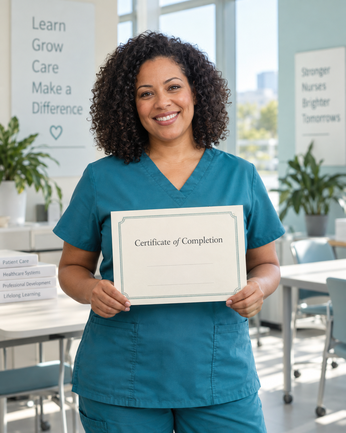 AI-generated illustration of a nurse holding a certificate of completion