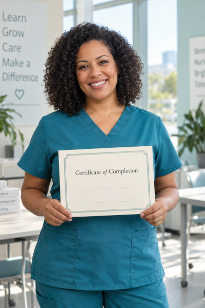 AI-generated illustration of a nurse holding a certificate of completion